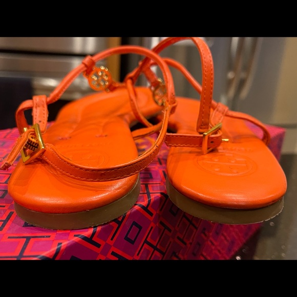 TORY BURCH 8.5M BRIGHT POPPY ORANGE MINI MILLER TYPE ALL LEATHER STRAP SANDALS - Picture 11 of 15